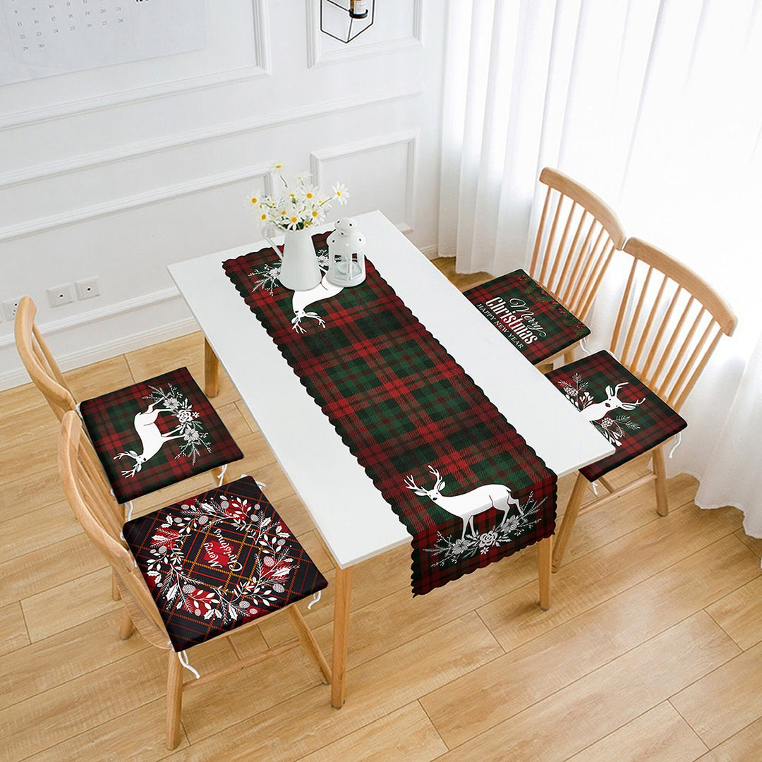 Set of 4 Xmas Chair Pads and 1 Table Runner|Merry Christmas Deer Seat Pad and Tablecloth|Plaid Happy New Year Chair Cushion and Tabletop