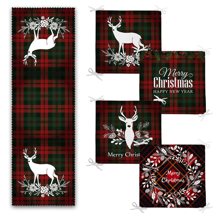 Set of 4 Xmas Chair Pads and 1 Table Runner|Merry Christmas Deer Seat Pad and Tablecloth|Plaid Happy New Year Chair Cushion and Tabletop