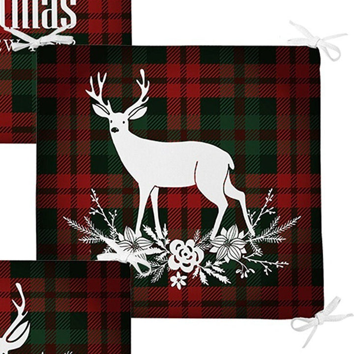 Set of 4 Xmas Chair Pads and 1 Table Runner|Merry Christmas Deer Seat Pad and Tablecloth|Plaid Happy New Year Chair Cushion and Tabletop