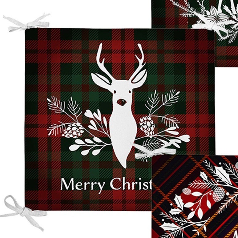 Set of 4 Xmas Chair Pads and 1 Table Runner|Merry Christmas Deer Seat Pad and Tablecloth|Plaid Happy New Year Chair Cushion and Tabletop