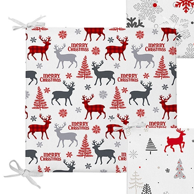 Set of 4 Xmas Chair Pads and 1 Table Runner|Xmas Deer, Tree, Snowflake Seat Pad and Tablecloth|Merry Christmas Chair Cushion Tabletop Set