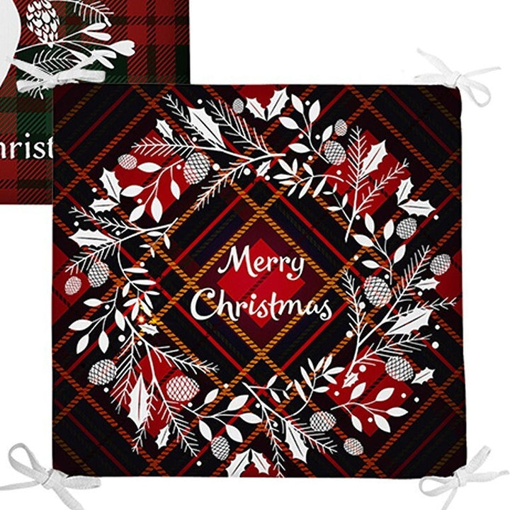 Set of 4 Xmas Chair Pads and 1 Table Runner|Merry Christmas Deer Seat Pad and Tablecloth|Plaid Happy New Year Chair Cushion and Tabletop