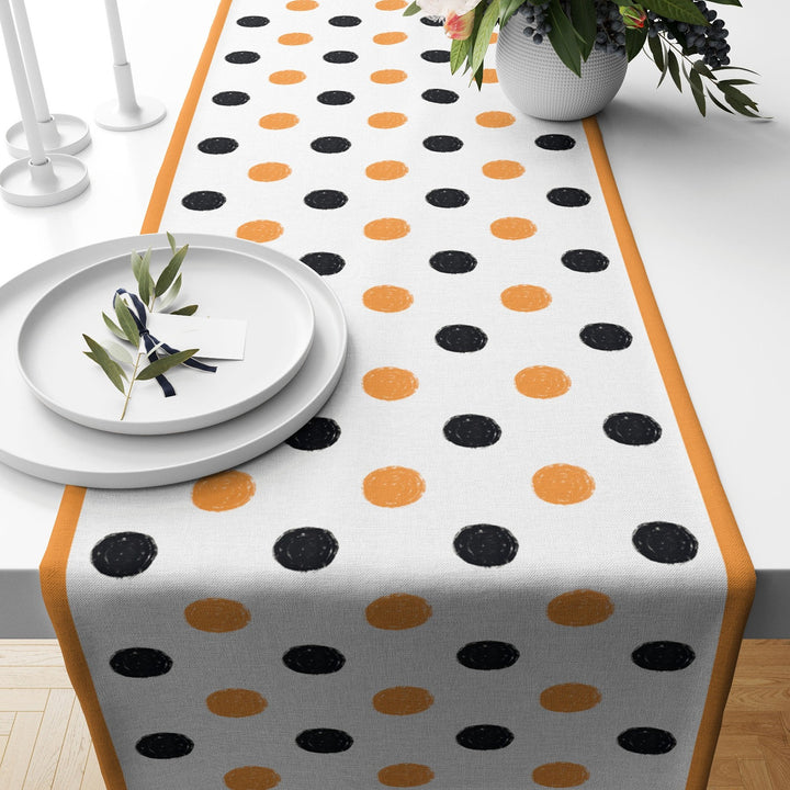 Halloween Table Runner|Polkadot Orange Black Halloween Print Tablecloth|Black Cat and Witch Hat Table Decor|Geometric Fall Trend Home Decor