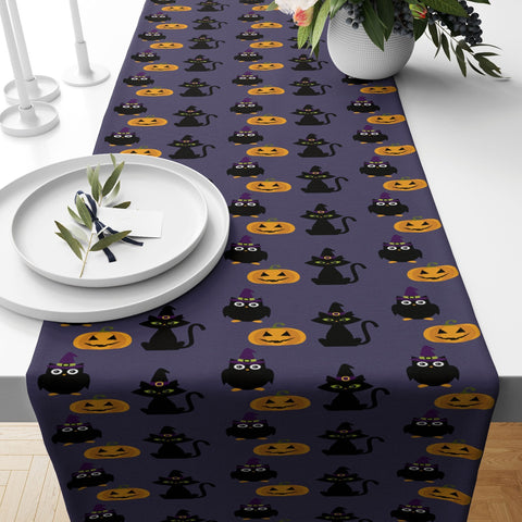 Halloween Table Runner|Pumpkin and Skull Tablecloth|Black Cat and Witch Hat Home Decor|Floral Carved Pumpkin Tabletop|Halloween Party Decor