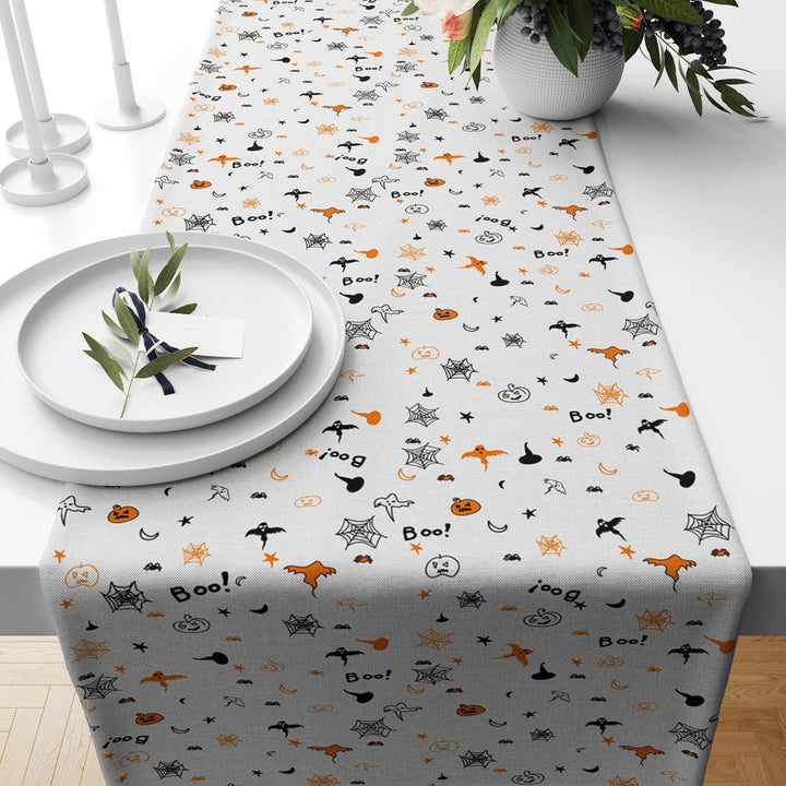 Halloween Table Runner|Ghost and Spider Web Print Tablecloth|Haunted House Tabletop|Pumpkin and Boo Home Decor|Scary Halloween Table Decor