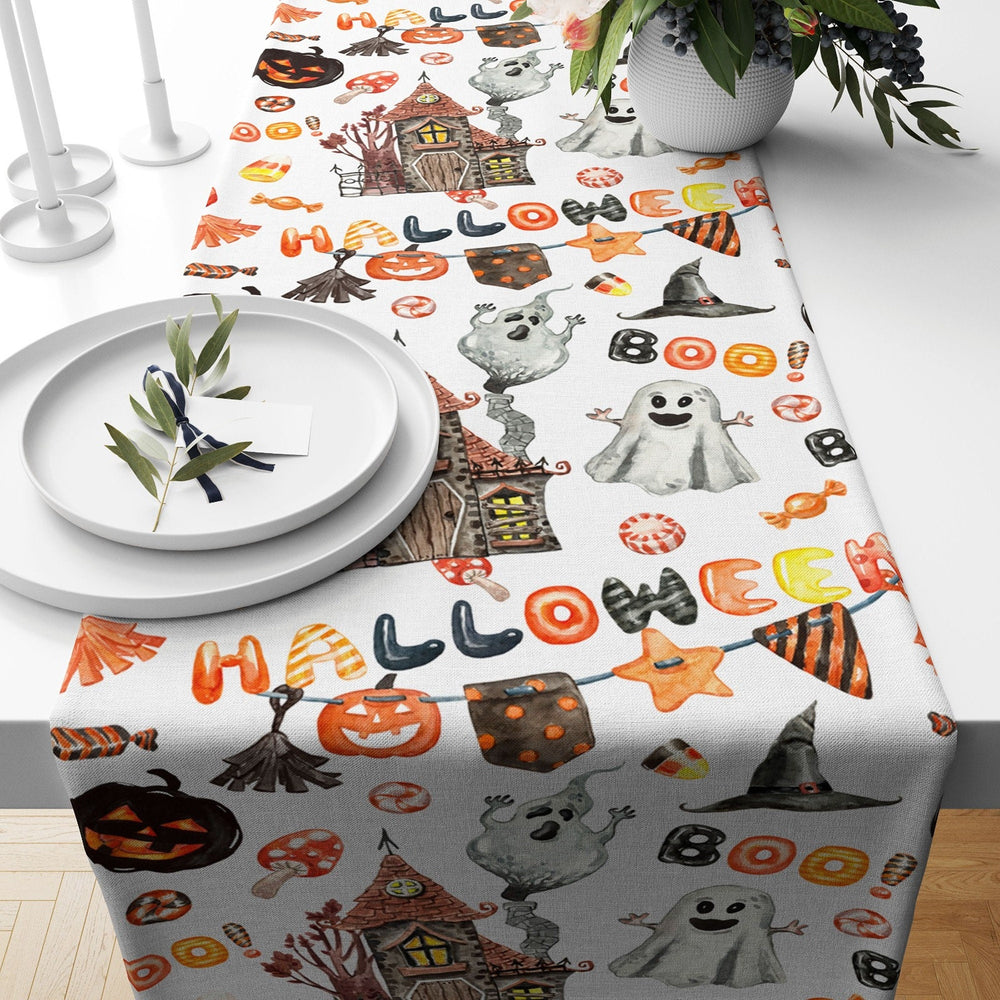 Halloween Table Runner|Ghost and Spider Web Print Tablecloth|Haunted House Tabletop|Pumpkin and Boo Home Decor|Scary Halloween Table Decor