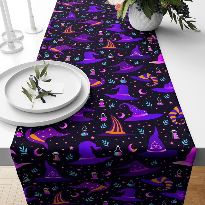 Halloween Table Runner|Purple Witch Hat Print Tabletop|Halloween Treat Tablecloth|Candy and Cute Pumpkin Table Decor|Scary Kitchen Decor