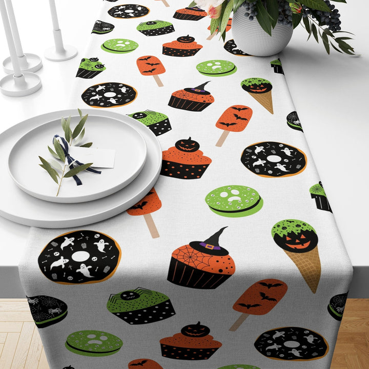 Halloween Table Runner|Purple Witch Hat Print Tabletop|Halloween Treat Tablecloth|Candy and Cute Pumpkin Table Decor|Scary Kitchen Decor