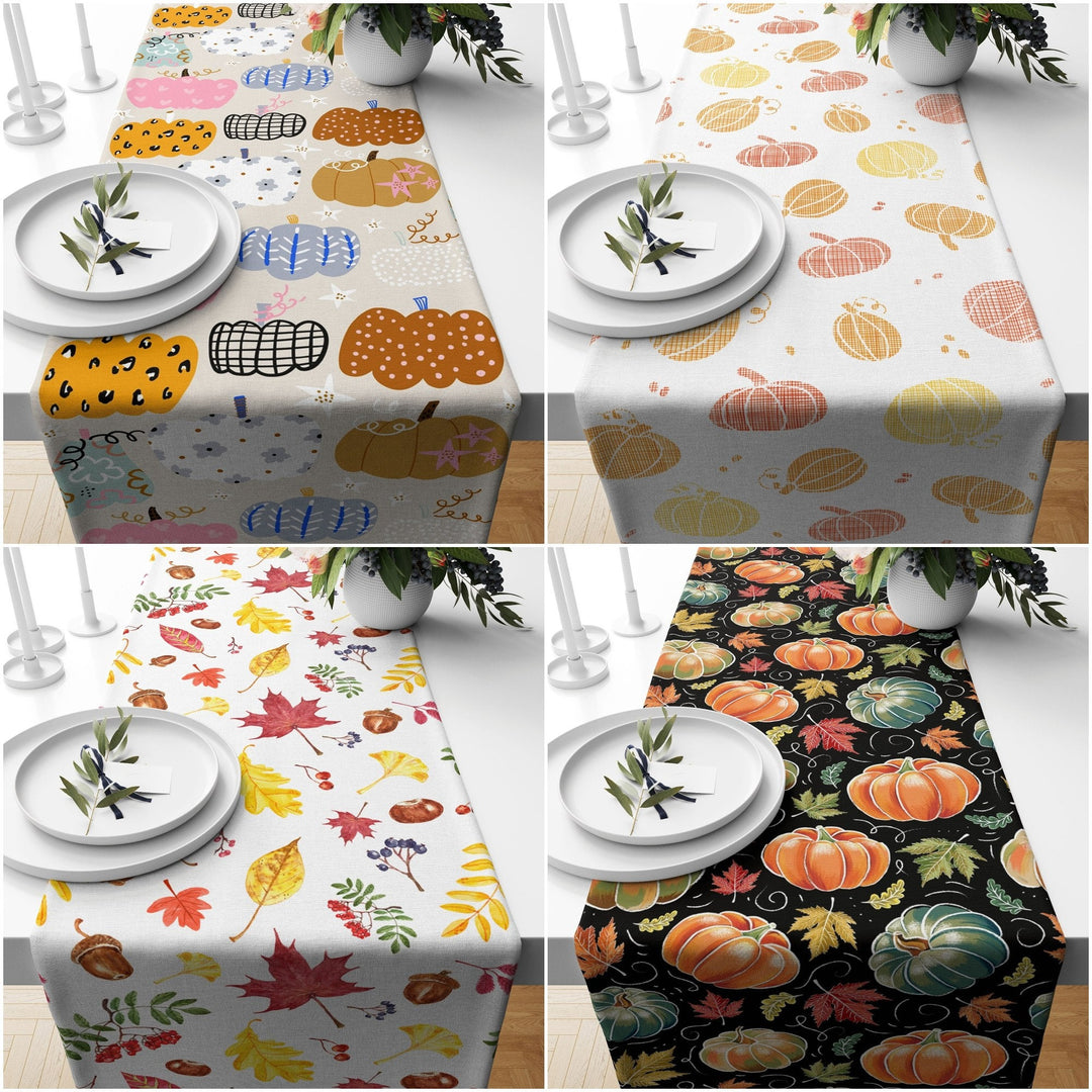 Fall Trend Table Runner|Floral Pumpkin Tablecloth|Pumpkin and Leaf Drawing Table Decor|Farmhouse Style Tabletop|Halloween Autumn Home Decor