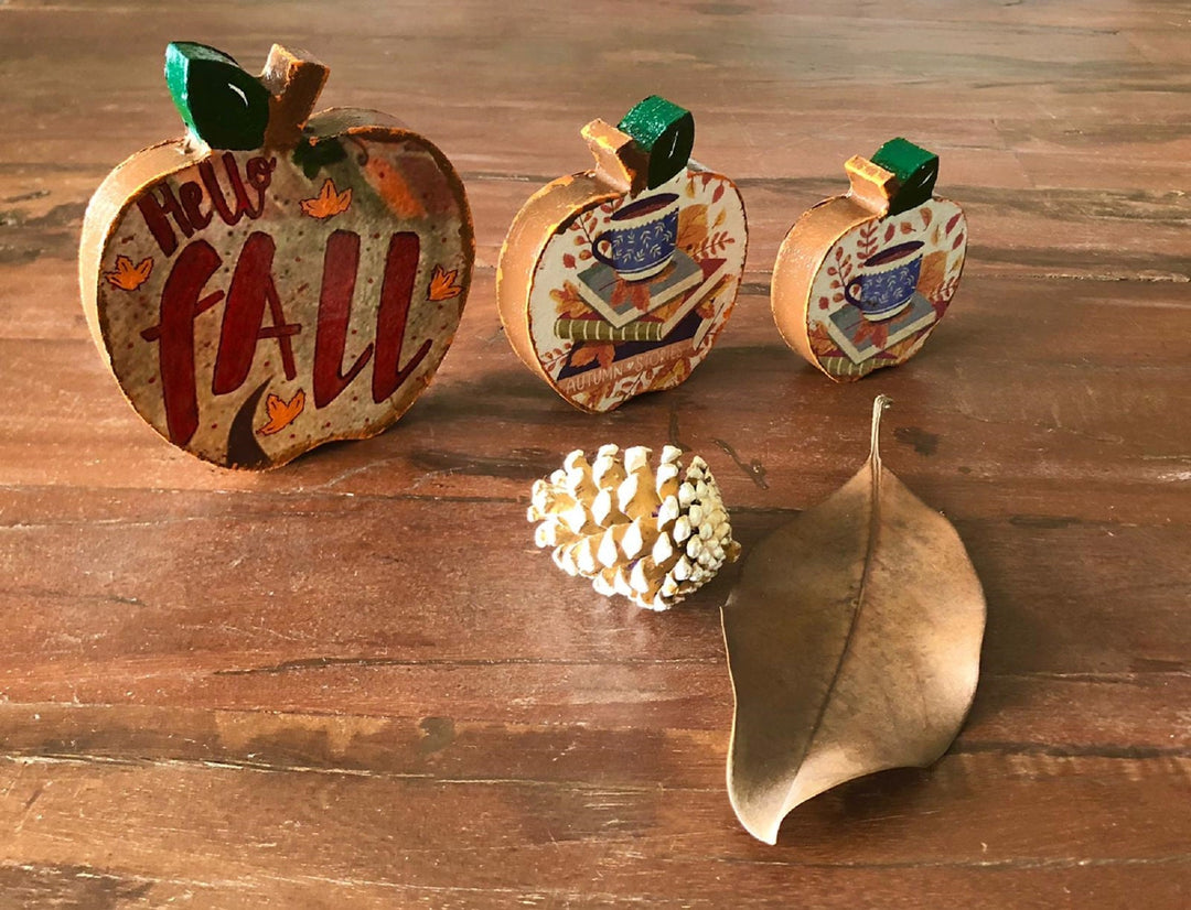 Set of 3 Wooden Hello Fall Decor|Hand Painted Apples||Autumn Mini Art|Custom Shelf Decor|Farmhouse Autumn Harvest Pumpkin Decor|Gift For Her