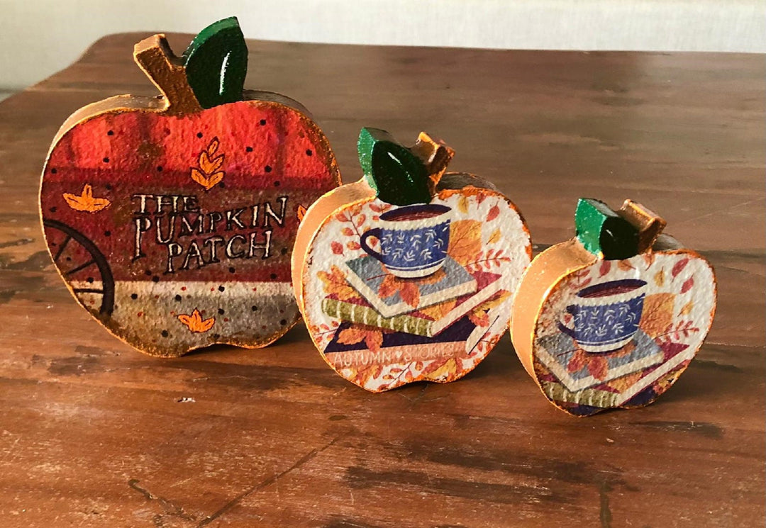 Set of 3 Wooden Hello Fall Decor|Hand Painted Apples||Autumn Mini Art|Custom Shelf Decor|Farmhouse Autumn Harvest Pumpkin Decor|Gift For Her