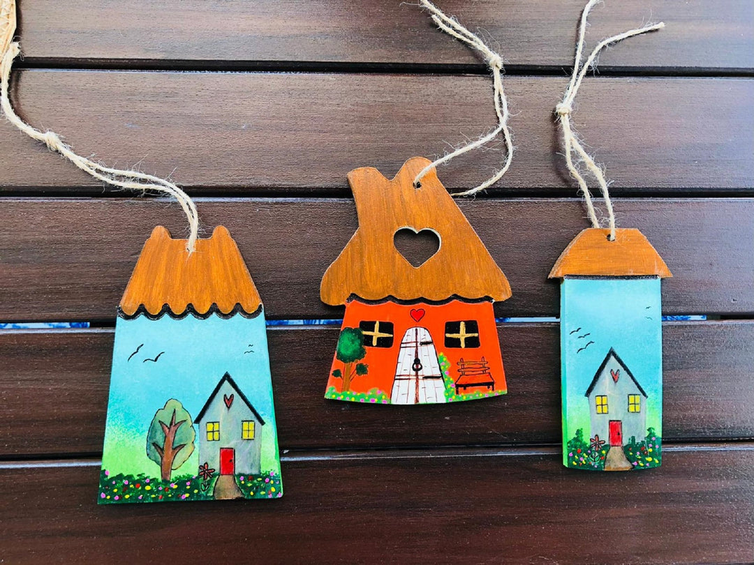 Set of 3 Home Shaped Wooden Decor|Hand Painted Balcony Decor|Housewarming Gardening Gift|Christmas Ornament Gift For Her|Custom Wall Decor