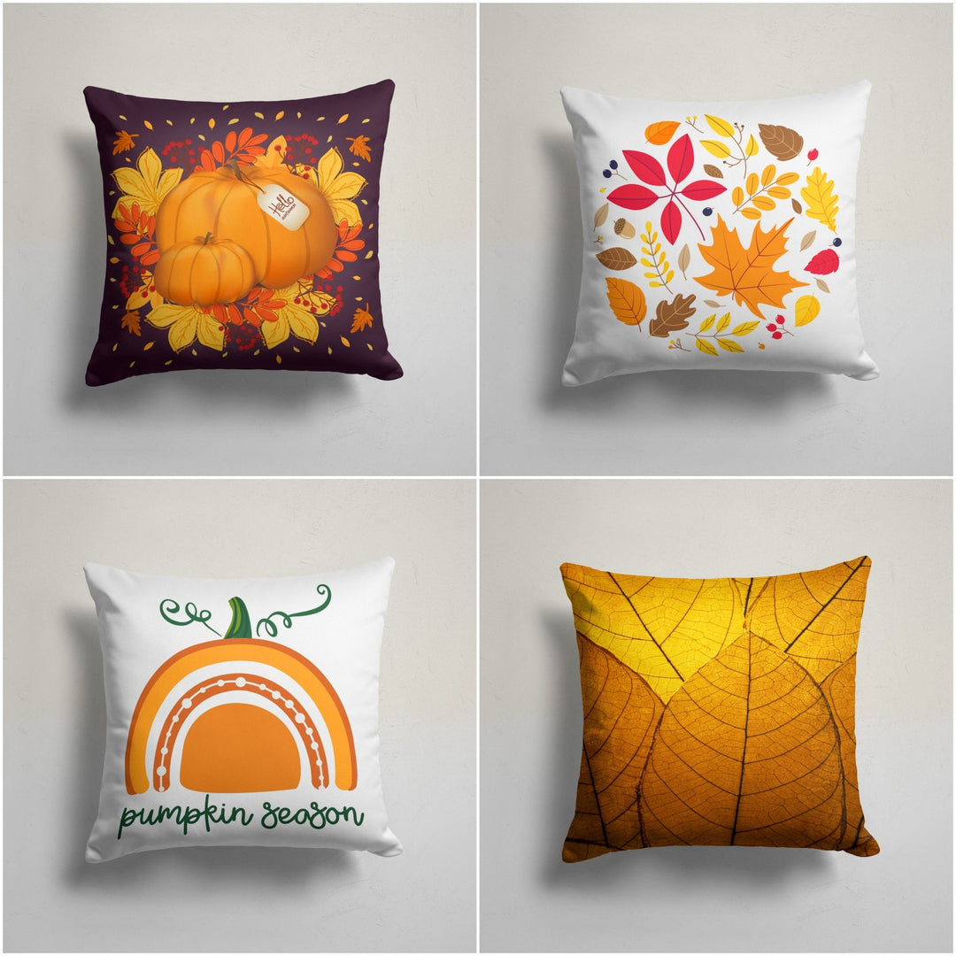 Fall Trend Pillow Cover|Pumpkin and Leaf Print Throw Pillowtop|Autumn Cushion Case|Housewarming Fall Home Decor|Farmhouse Style Cushion Case