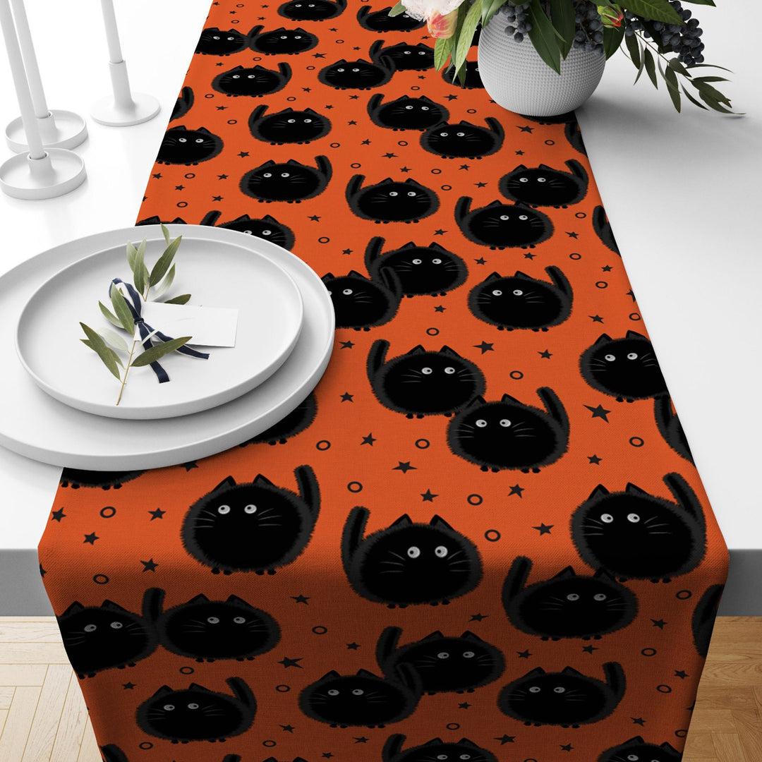 Halloween Table Runner|Orange Black Happy Halloween Print Tablecloth|Black Cat, Bat and Ghost Table Decor|Housewarming Fall Trend Home Decor