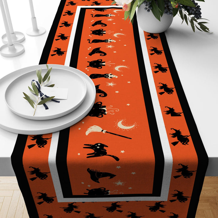 Halloween Table Runner|Orange Black Happy Halloween Print Tablecloth|Black Cat, Bat and Ghost Table Decor|Housewarming Fall Trend Home Decor