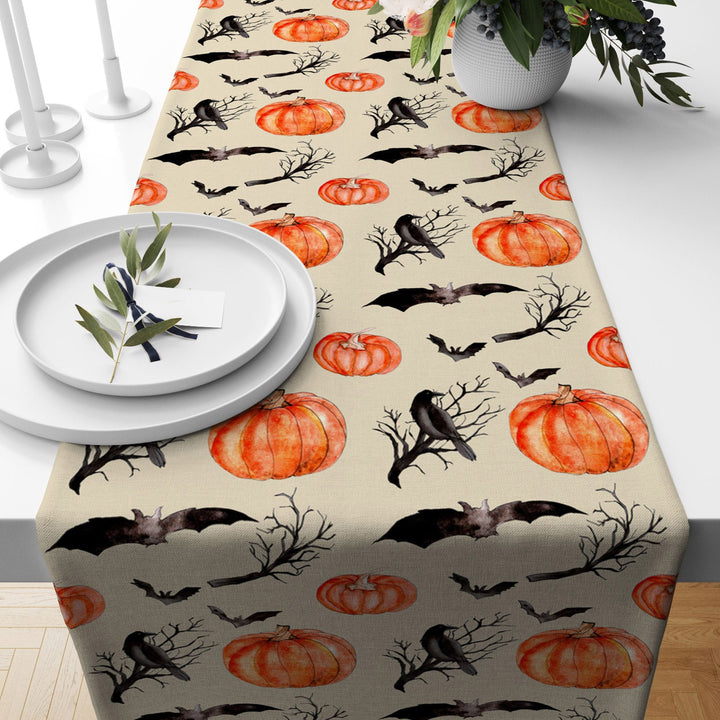 Halloween Table Runner|Carved Pumpkin Halloween Party Tablecloth|Scary Table Decor|Bat, Skull Print Home Decor|Fall Trend Farmhouse Runner