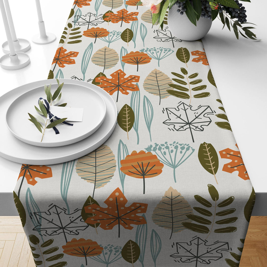 Fall Trend Table Runner|Flower Drawing Tablecloth|Leaf and Flower Print Table Decor|Farmhouse Style Tabletop|Housewarming Fall Home Decor