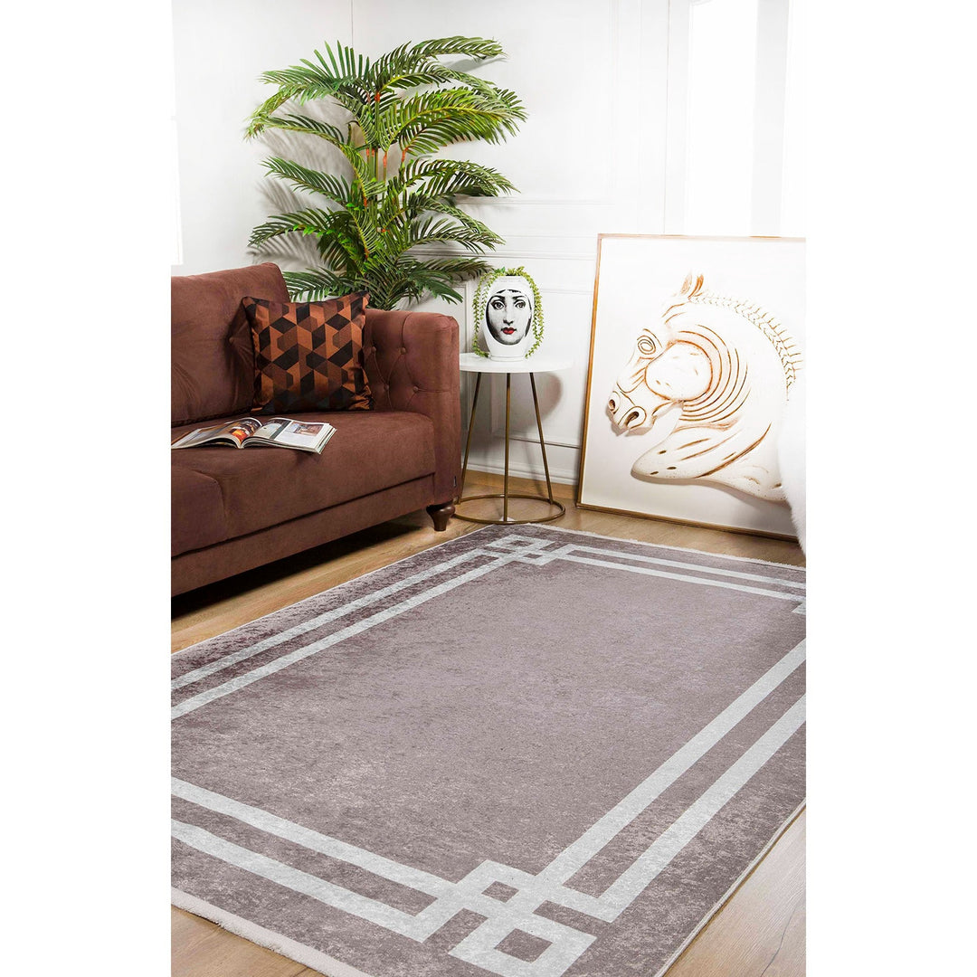 Machine-Washable Rug|Art Deco Modern Non-Slip Carpet|Bordered Beige Color Washable Carpet|Decorative Area Rug|Multi-Purpose Anti-Slip Rug