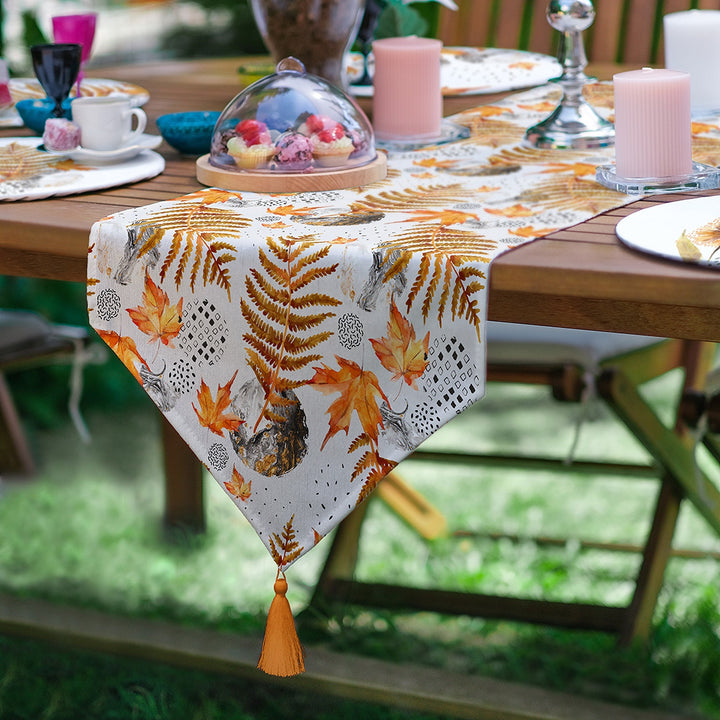 Fall Runner & Placemat Set|Fall Trend Table Decor|Set of 6 Supla Table Mat|Orange Autumn Leaf Print Tabletop and American Service Underplate