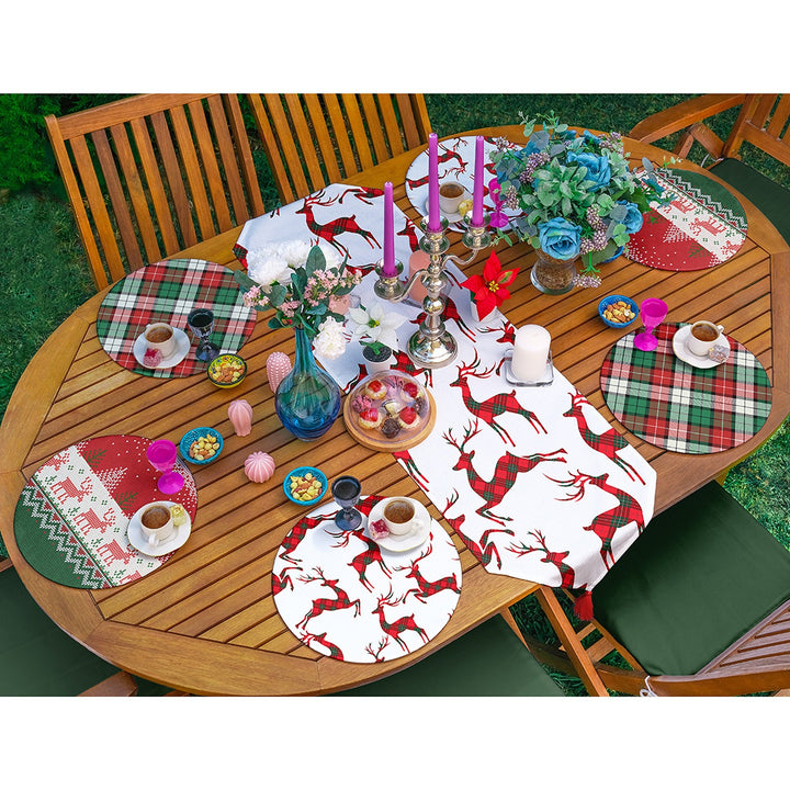 Christmas Runner & Placemat Set|Winter Trend Table Decor|Set of 6 Supla Table Mat|Plaid Xmas Deer Tablecloth American Service Underplate