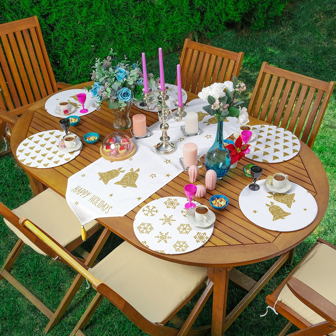 Christmas Runner & Placemat Set|Happy Holidays Table Decor|Set of 6 Supla Table Mat|Snowflake Bell Tablecloth American Service Underplate