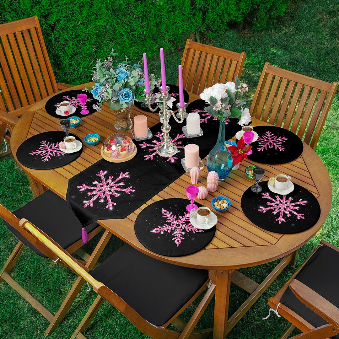 Winter Trend Runner & Placemat Set|Xmas Table Decor|Set of 6 Supla Table Mat|Pink Snowflake Tablecloth and American Service Underplate