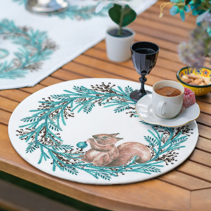 Winter Trend Runner & Placemat Set|Turquoise Table Decor|Set of 6 Supla Table Mat|Squirrel and Gloves Tablecloth American Service Underplate