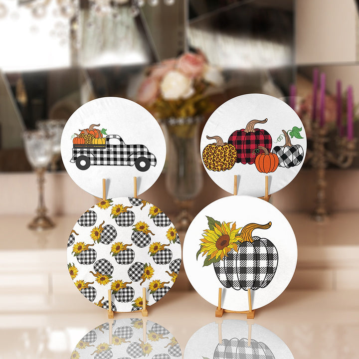 Fall Trend Placemat|Set of 4 Autumn Supla Table Mat|Farmhouse Checkered Pumpkin Round Dining Underplate|Housewarming Pumpkin Truck Coaster