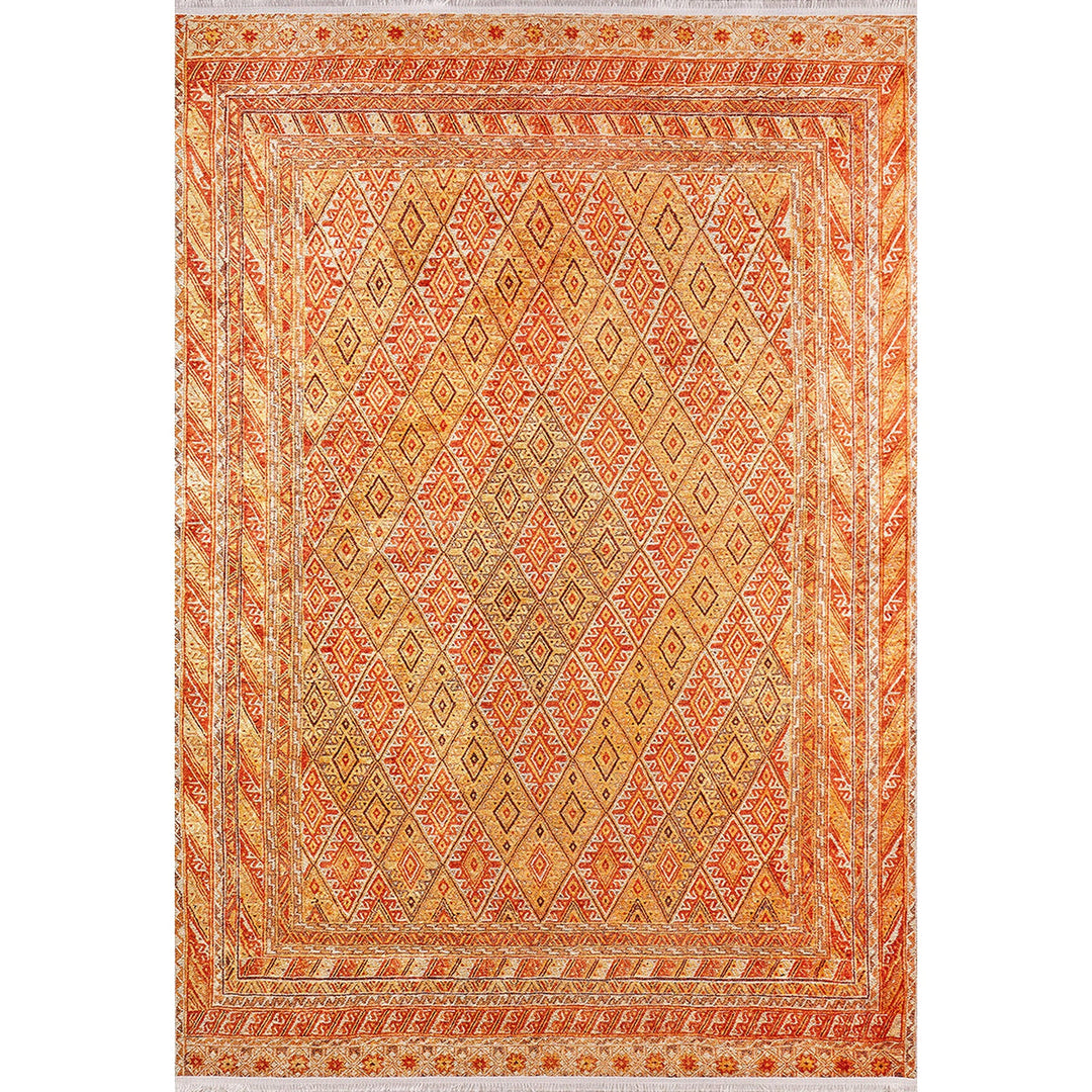 Ethnic Design Rug|Machine-Washable Carpet|Orange Color Turkish Kilim Pattern Non-Slip Rug|Farmhouse Style Multi-Purpose Anti-Slip Carpet