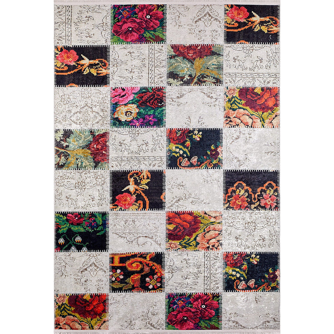 Machine-Washable Rug|Floral Patchwork Non-Slip Carpet|Abstract Farmhouse Washable Carpet|Decorative Area Rug|Multi-Purpose Anti-Slip Rug