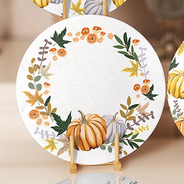 Fall Trend Placemat|Set of 4 Autumn Supla Table Mat|Farmhouse Orange Gray Pumpkin Round Dining Underplate|Housewarming Pumpkin Coaster Set