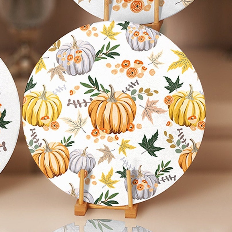 Fall Trend Placemat|Set of 4 Autumn Supla Table Mat|Farmhouse Orange Gray Pumpkin Round Dining Underplate|Housewarming Pumpkin Coaster Set