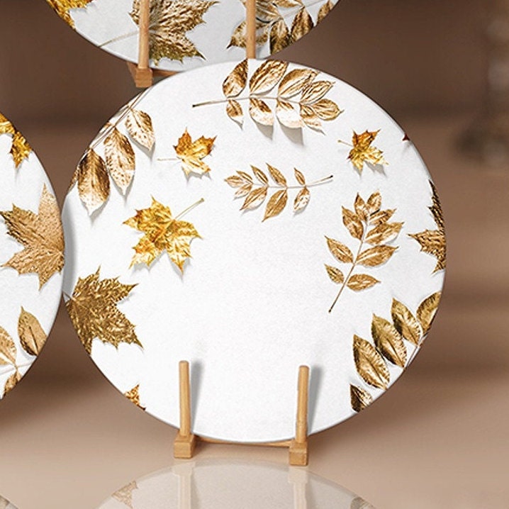 Gold Leaves Placemat|Set of 6 Autumn Supla Table Mat|Fall Trend Farmhouse Dry Leaves Round Dining Underplate|Housewarming Circle Coaster Set