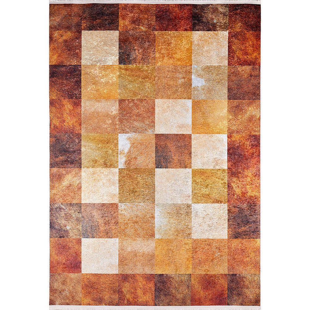 Machine-Washable Rug|Brown Beige Plaid Non-Slip Carpet|Farmhouse Geometric Washable Carpet|Housewarming Area Rug|Multi-Purpose Anti-Slip Rug