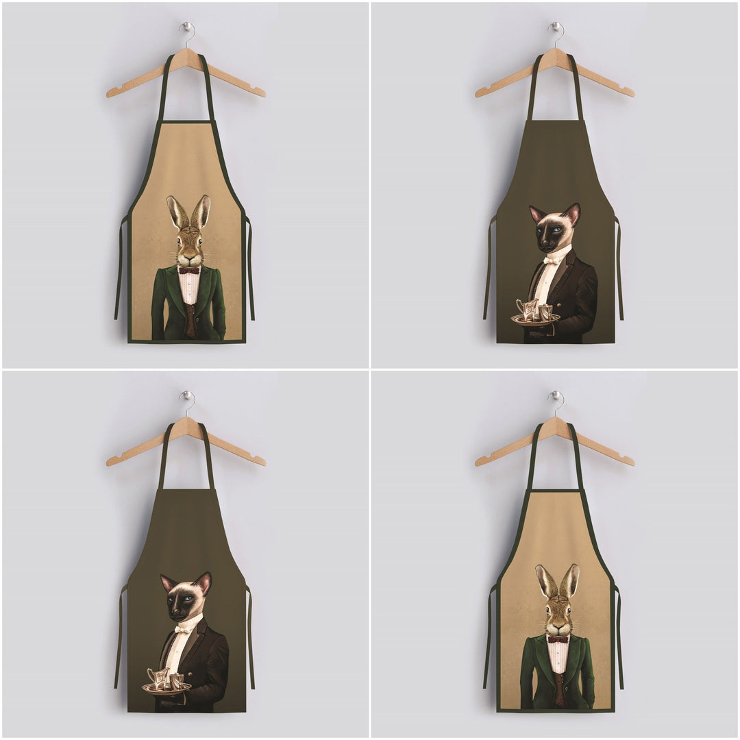 Royal Animal Kitchen Apron|Mr Rabbit Cooking Smock with Adjustable Neck and Waist Strap|Mr Cat Print Kitchen Pinafore Gift For Him or Her