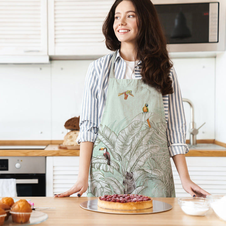 Floral Bird Kitchen Apron|Flower Print Smock with Adjustable Neck and Waist Strap|Peacock and Parrot Kitchen Pinafore Gift For Him or Her