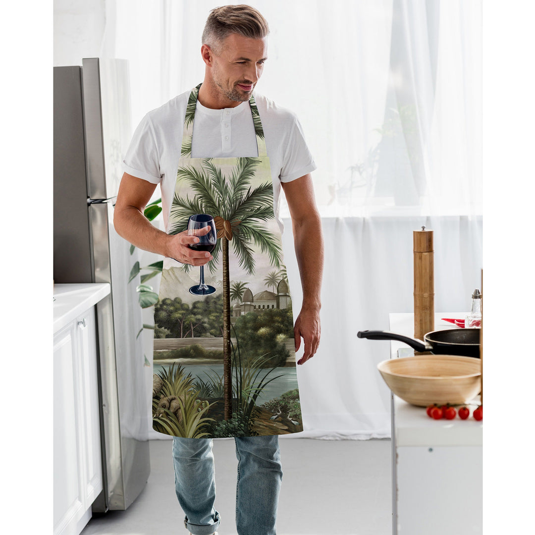 Landscape Kitchen Apron|Tropical Trees Smock with Adjustable Neck and Waist Strap|Floral View Print Kitchen Pinafore Gift For Him or Her