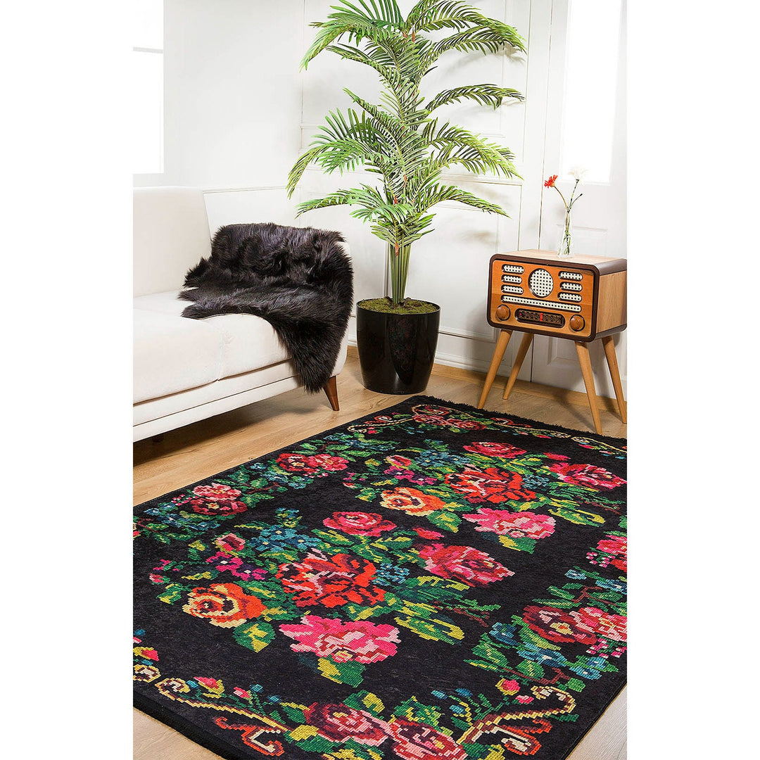 Floral Rug|Machine-Washable Non-Slip Rug|Pink Rose Farmhouse Washable Karabagh Carpet|Decorative Area Rug|Multi-Purpose Anti-Slip Carpet