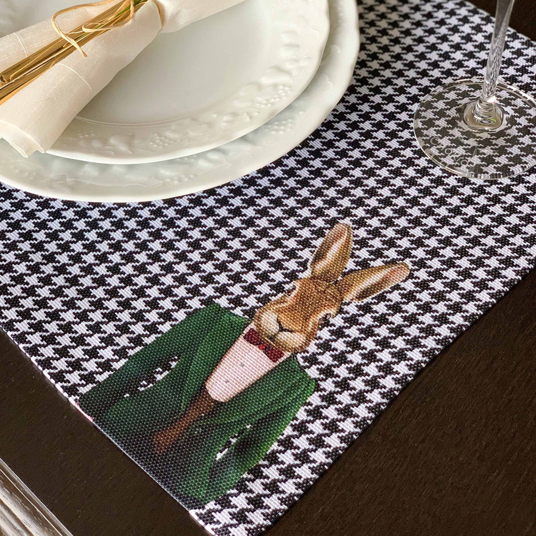 Set of 4 Royal Animal Placemat|Crowbar Pattern Table Mat|Cockerel, Cat, Camel and Rabbit Dining American Service|Farmhouse Rectangle Coaster