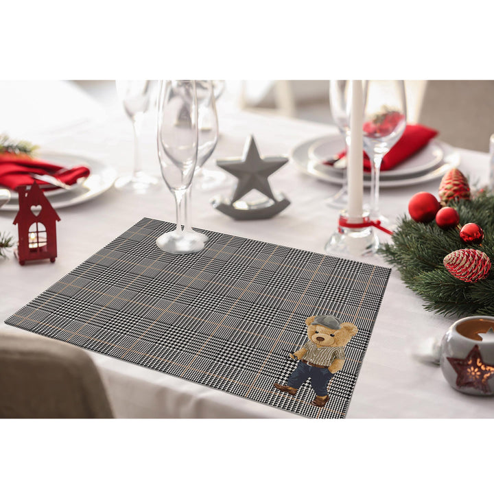 Set of 4 Cute Bear Placemat|Plaid Pattern Table Mat|Animal Print Dining American Service|Farmhouse Style Decorative Rectangle Coaster Set