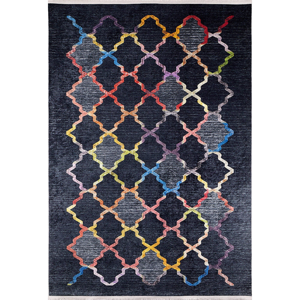 Ogea Pattern Rug|Machine-Washable Rug|Black and Rainbow Carpet|Decorative Washable Carpet|Geometric Area Rug|Multi-Purpose Anti-Slip Rug