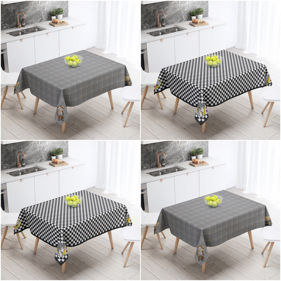 Luxury Plaid Tablecloth|Decorative Cute Bear Table Cover|Avangarde Portrait Print Kitchen Table Decor|Geometric Rectangle Dining Tabletop