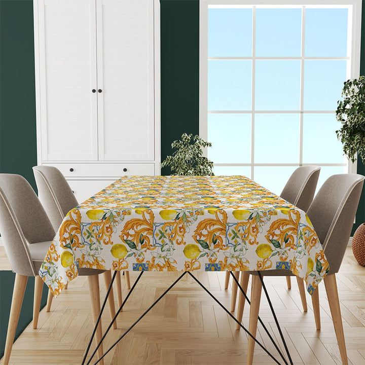 Luxury Lemon Tablecloth|High Quality Ethnic Pattern Lemon Table Decor|Avangarde Fresh Citrus Kitchen Decor|Floral Lemon Green Leaf Tabletop