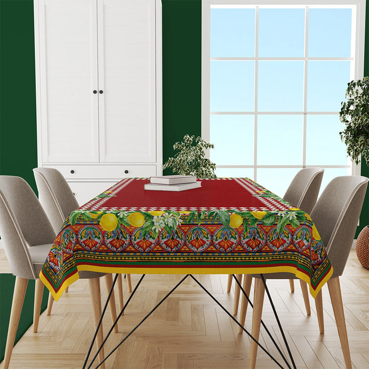 Luxury Lemon Tablecloth|High Quality Ethnic Pattern Lemon Table Decor|Avangarde Fresh Citrus Kitchen Decor|Floral Lemon Green Leaf Tabletop