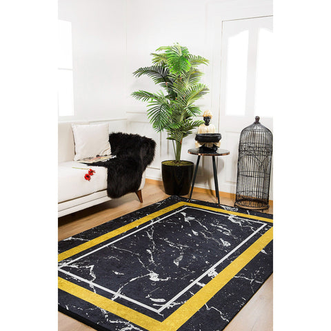 Marble Pattern Rug|Machine-Washable Rug|Yellow Bordered Non-Slip Rug|Marble Washable Carpet|Decorative Area Rug|Multi-Purpose Anti-Slip Rug