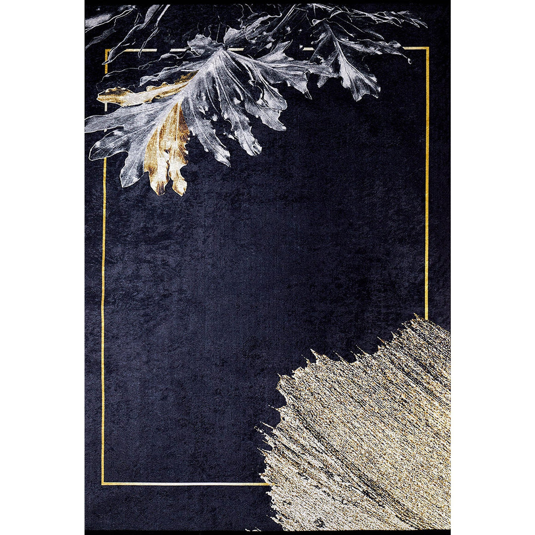 Abstract Leaf Rug|Machine-Washable Non-Slip Rug|Gold and Gray Detailed Washable Carpet|Decorative Area Rug|Multi-Purpose Anti-Slip Boho Rug