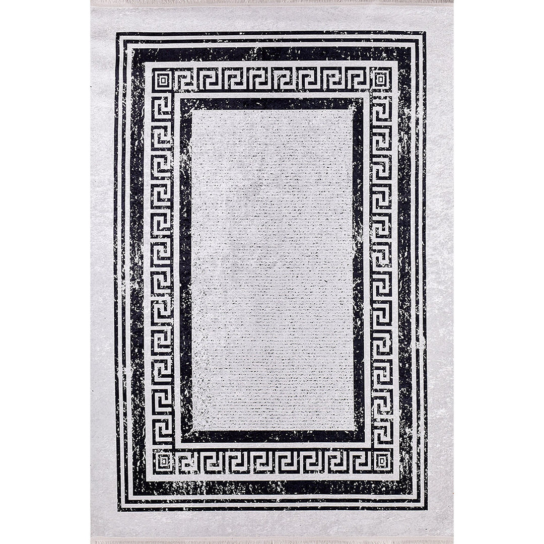 Greek Key Rug|Machine-Washable Rug|Black Bordered Gray Non-Slip Carpet|Washable Floor Carpet|Decorative Area Rug|Multi-Purpose Anti-Slip Rug