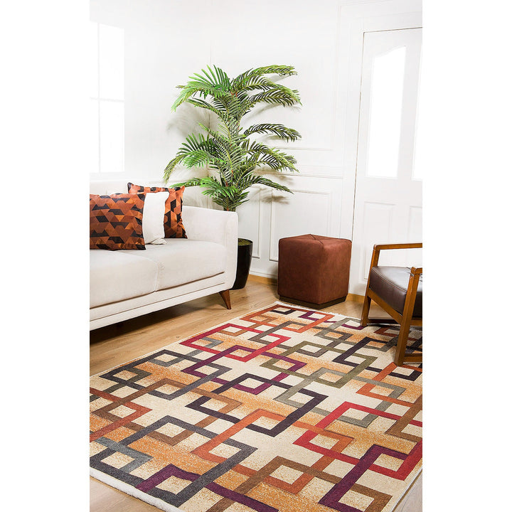 Geometric Rug|Machine-Washable Non-Slip Rug|Farmhouse Boho Washable Carpet|Housewarming Area Rug with Squares|Multi-Purpose Anti-Slip Carpet