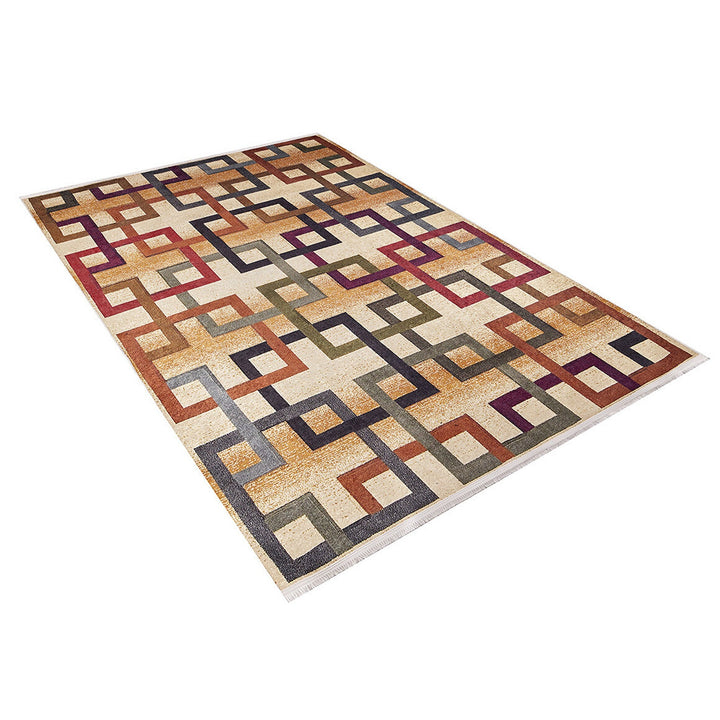 Geometric Rug|Machine-Washable Non-Slip Rug|Farmhouse Boho Washable Carpet|Housewarming Area Rug with Squares|Multi-Purpose Anti-Slip Carpet