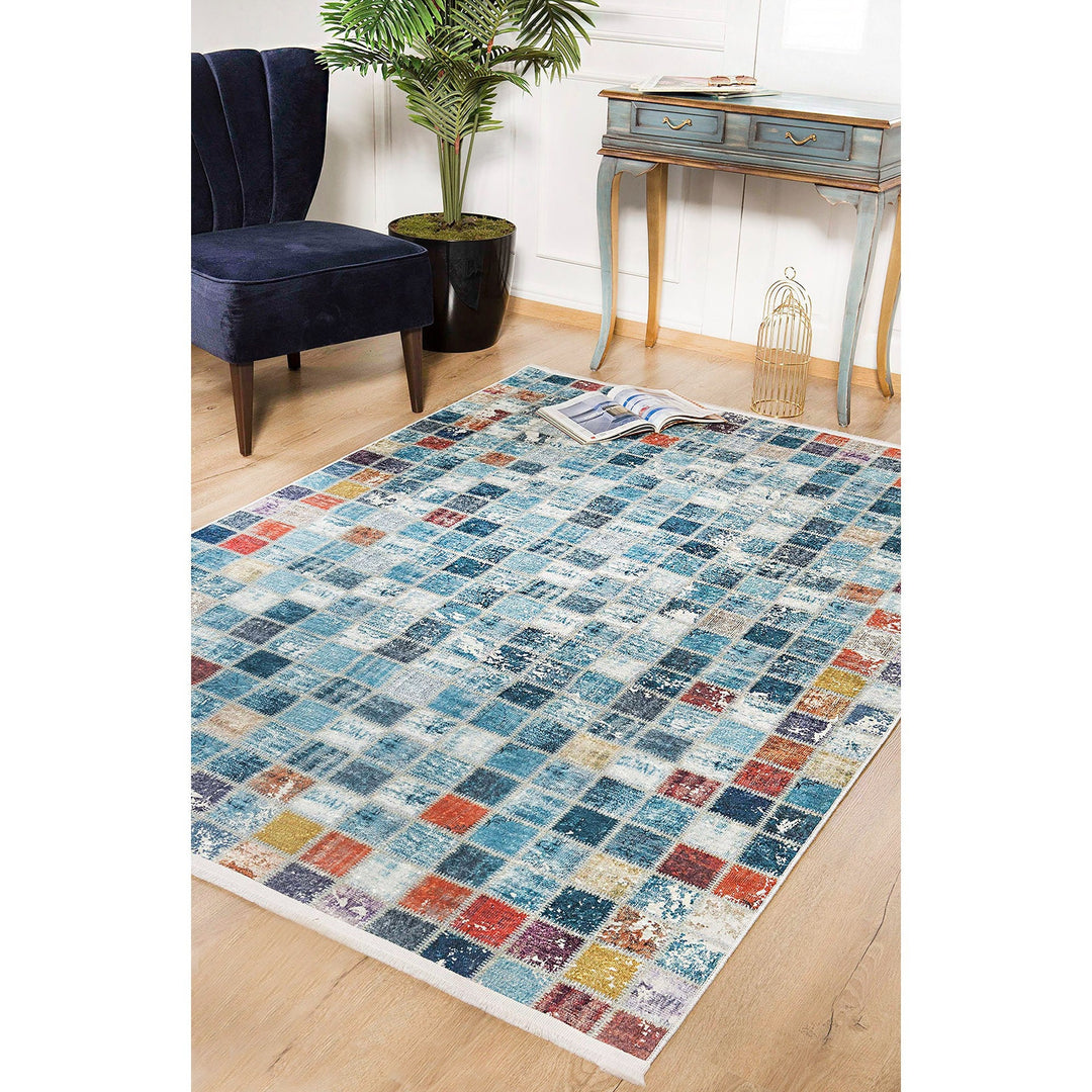 Patchwork Style Rug|Machine-Washable Non-Slip Rug|Blue Plaid Farmhouse Washable Carpet|Decorative Area Rug|Multi-Purpose Anti-Slip Carpet